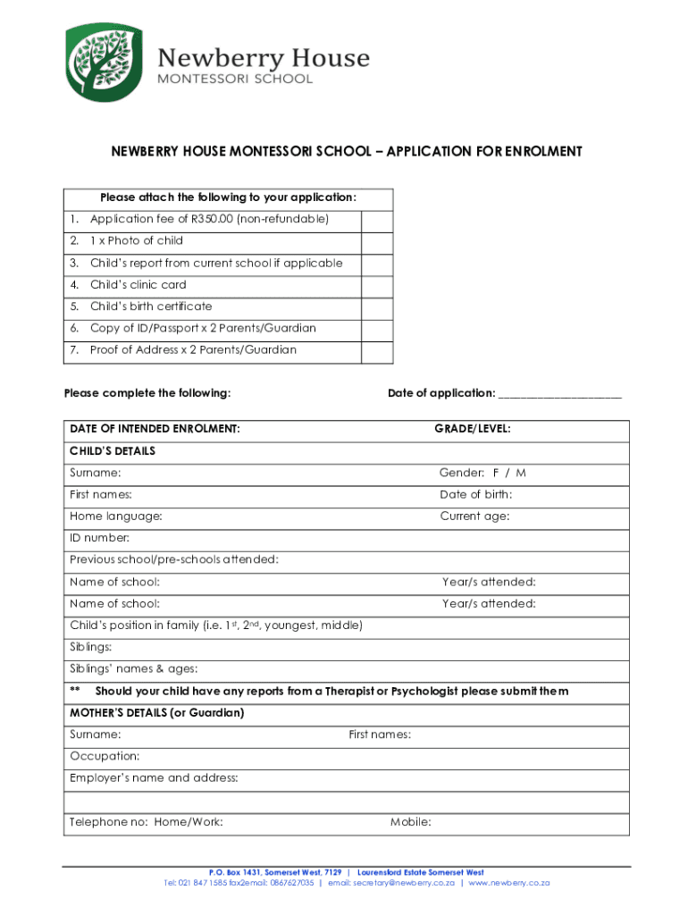 Fillable Online Newberry House Montessori Primary School Fax Email