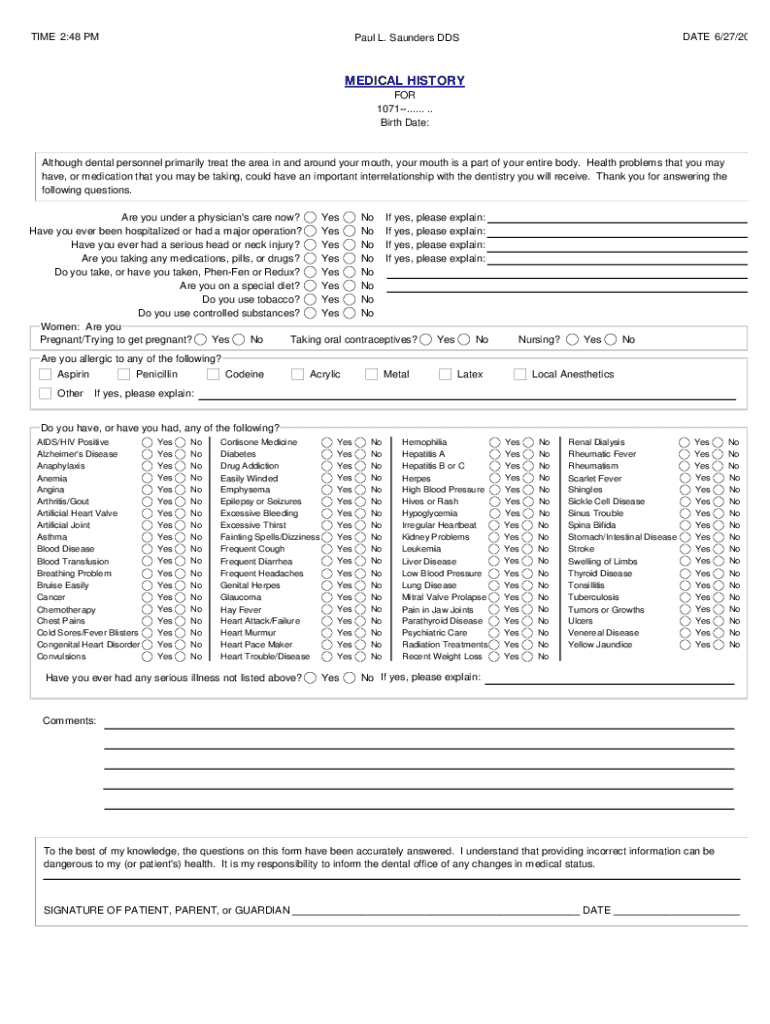 Fillable Online General Medical History Forms (100% Free) - Word ...