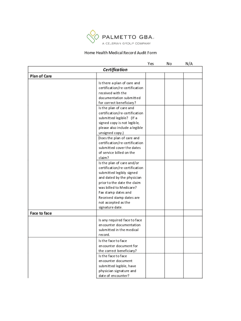 Home Health Medical Record Audit Form - Palmetto GBA Preview on Page 1