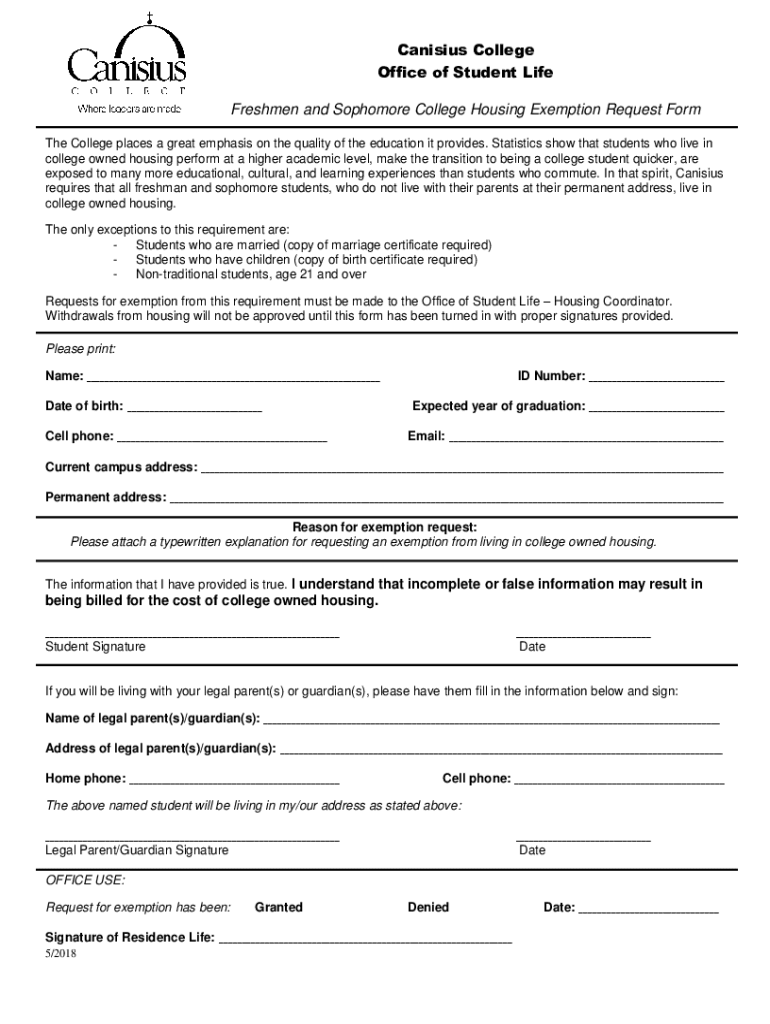 Fillable Online Freshmen and Sophomore College Housing Exemption