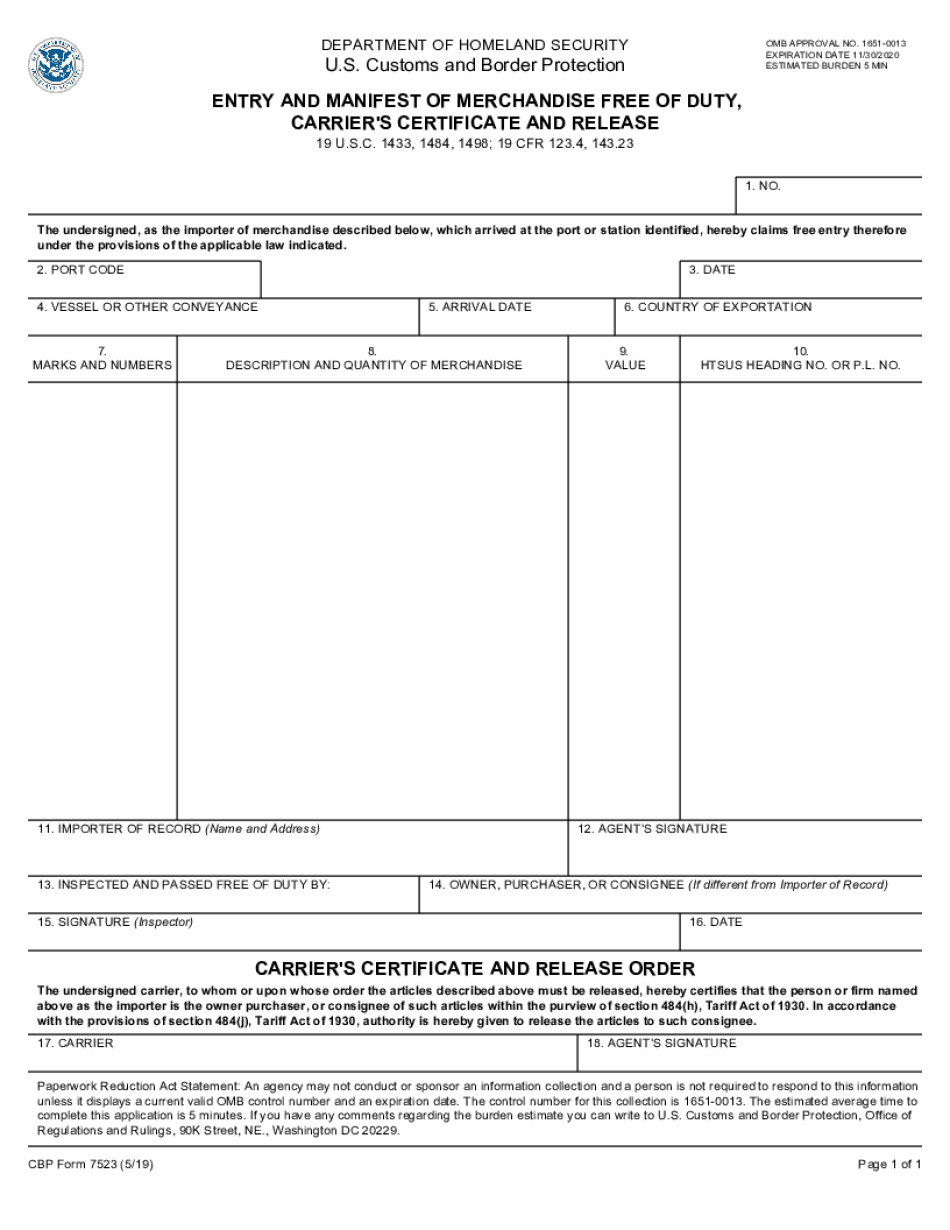 Cbp Form 7523 - Entry And Manifest Of Merchandise Free Of Duty
