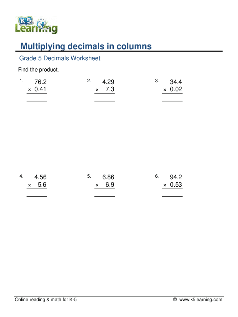 Fillable Online Grade 5 Decimals Worksheet - Multipying decimals in ...