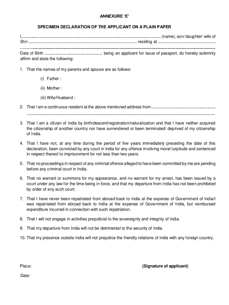 Fillable Online SPECIMEN DECLARATION OF THE APPLICANT ON A PLAIN PAPER