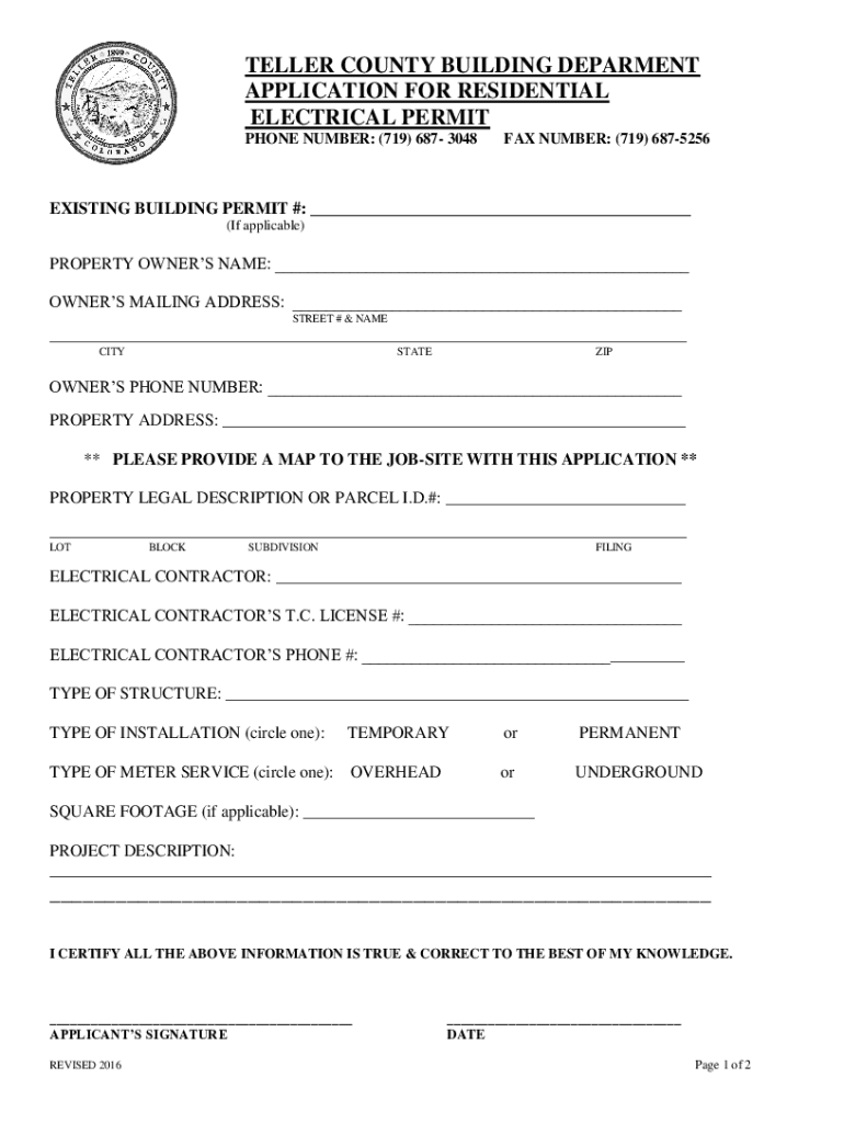 Fillable Online Fillable Online Electrical Permit Application Teller Fax Email Print