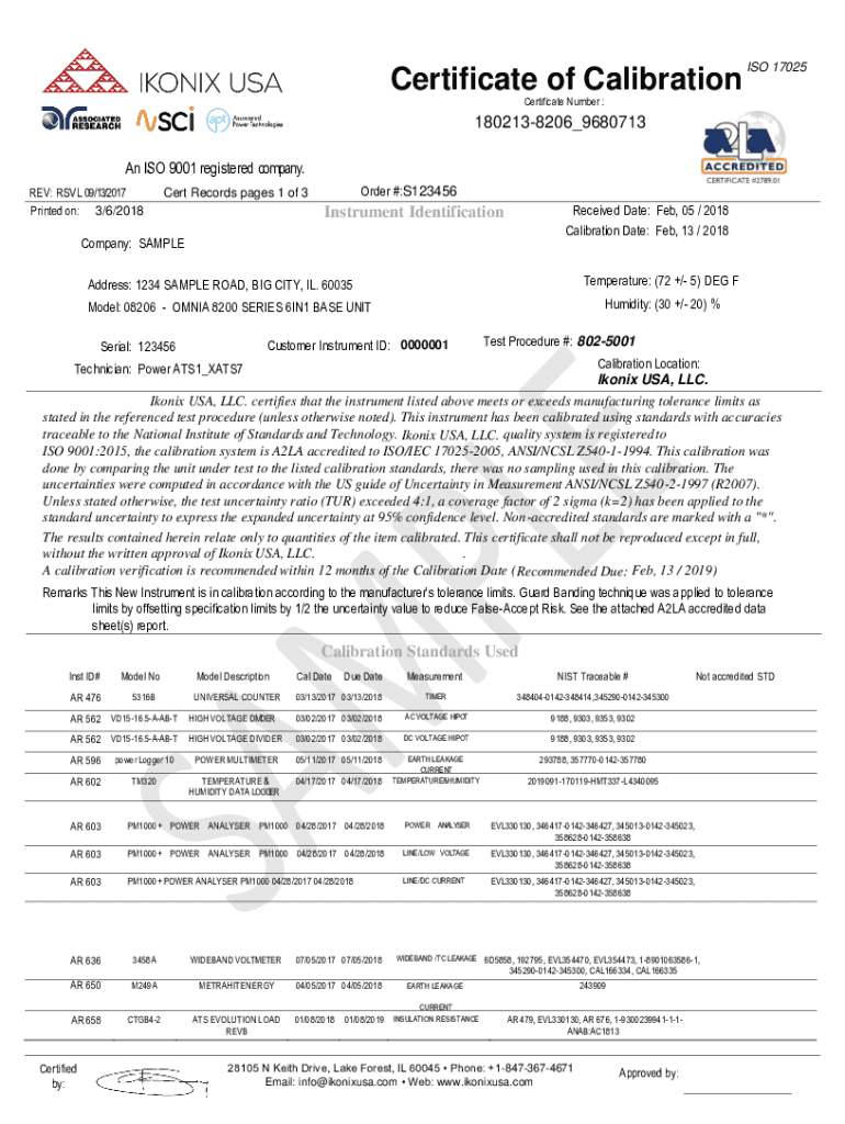 Fillable Online Fillable Online Standard Calibration Certificate Sample