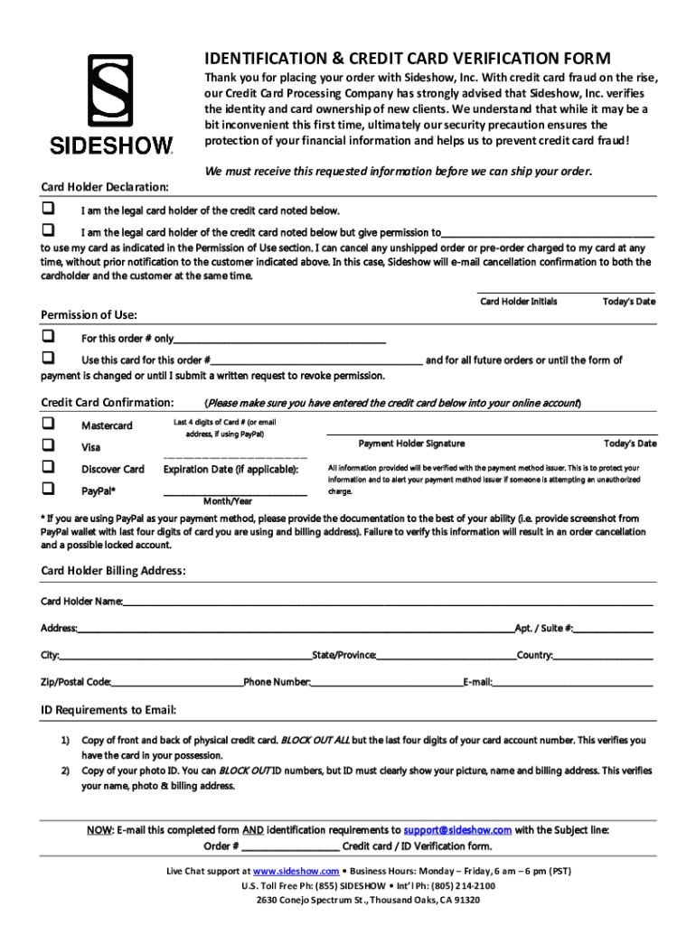 Fillable Online IDENTIFICATION & CREDIT CARD VERIFICATION FORM Fax ...