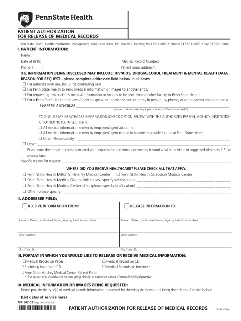 MR 543 02 Patient Authorization for Release of Medical Records Preview on Page 1