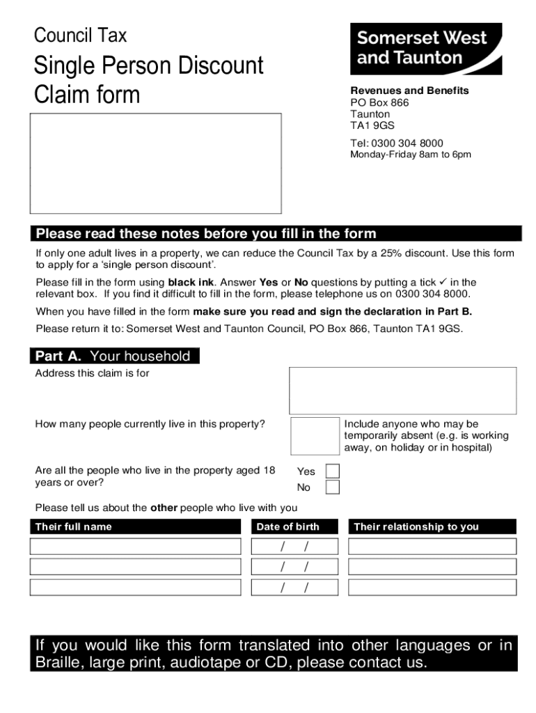 Fillable Online Council tax single person discount claim form. Council