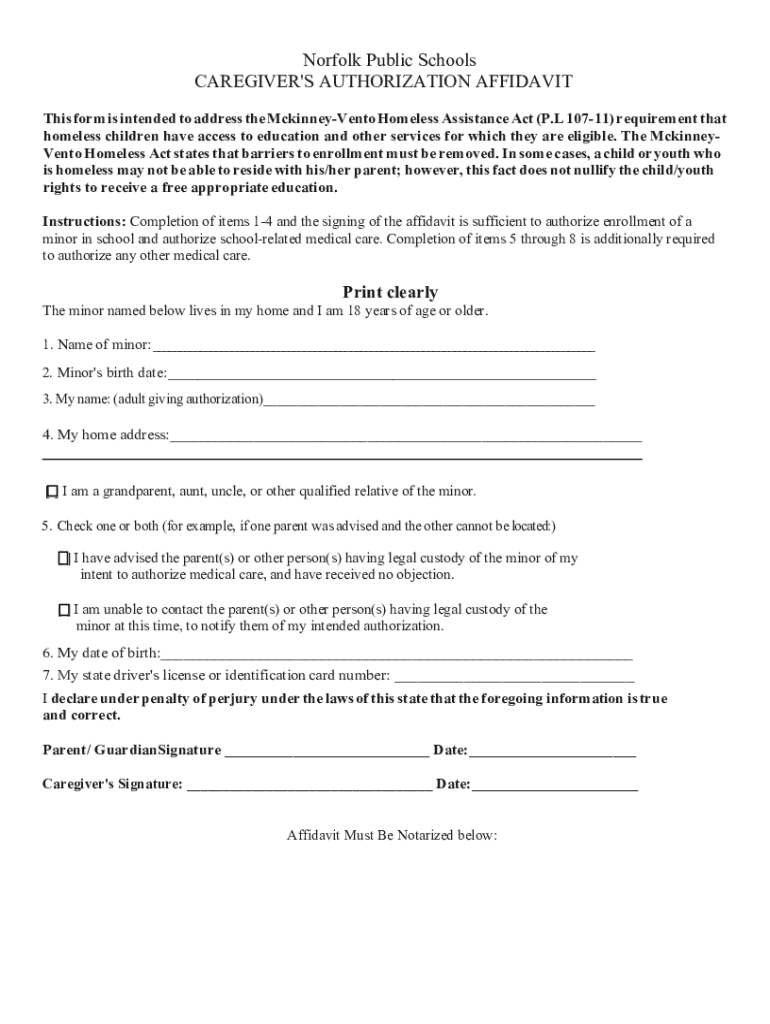 Fillable Online Caregivers Authorization Affidavit Norfolk Public Schools Fax Email Print