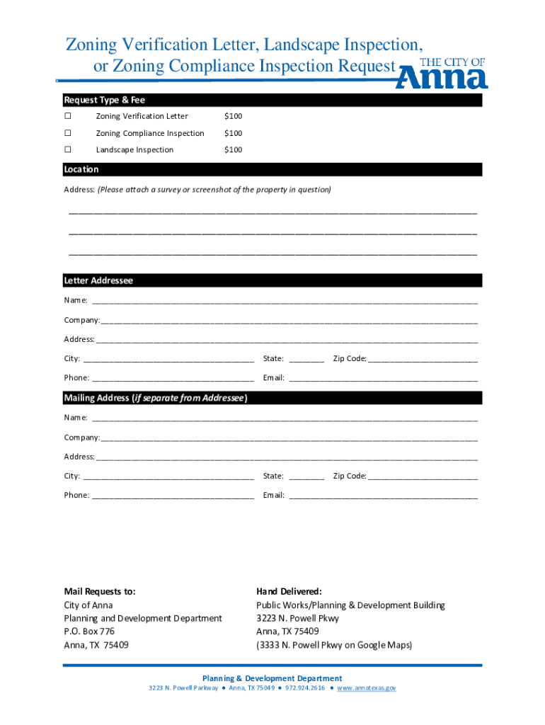 Fillable Online Zoning Verification Letter, Landscape Inspection, or