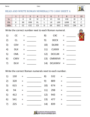 fillable online grade 4 math worksheets reading roman numerals 1 1 000 fax email print pdffiller