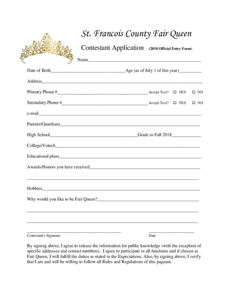 Fillable Online St. Francois County Fair Queen Fax Email Print - pdfFiller