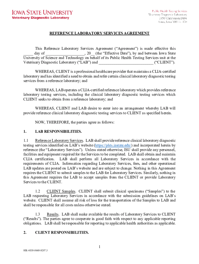 Fillable Online REFERENCE LABORATORY SERVICES AGREEMENT Fax Email Print