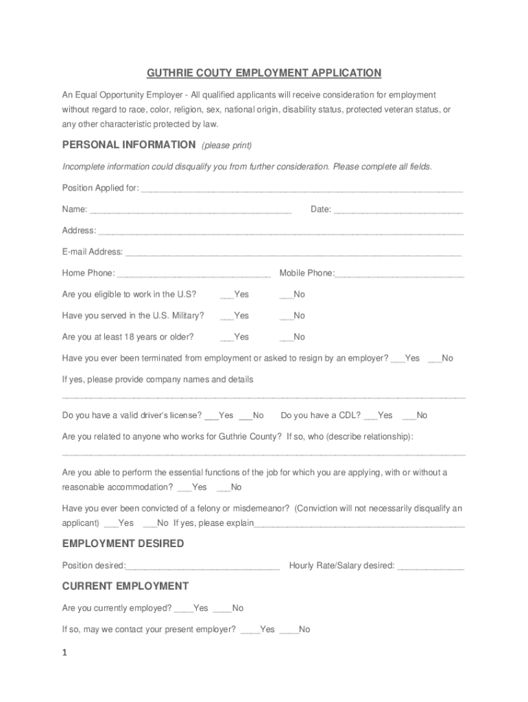 Fillable Online GUTHRIE COUTY EMPLOYMENT APPLICATION PERSONAL