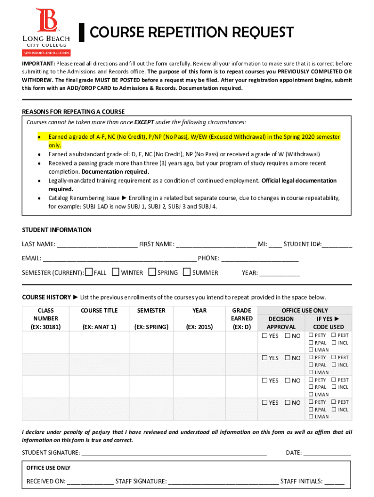 course repetition request form Preview on Page 1