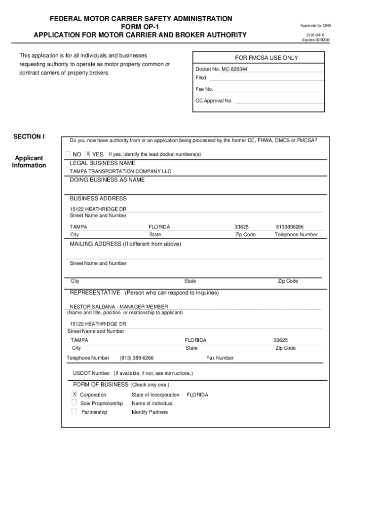 Fillable Online Federal Motor Carrier Safety Administration FORM OP1