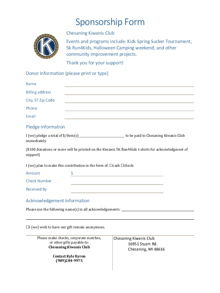 Fillable Online Sponsorship Form Chesaning Chamber of Commerce Fax