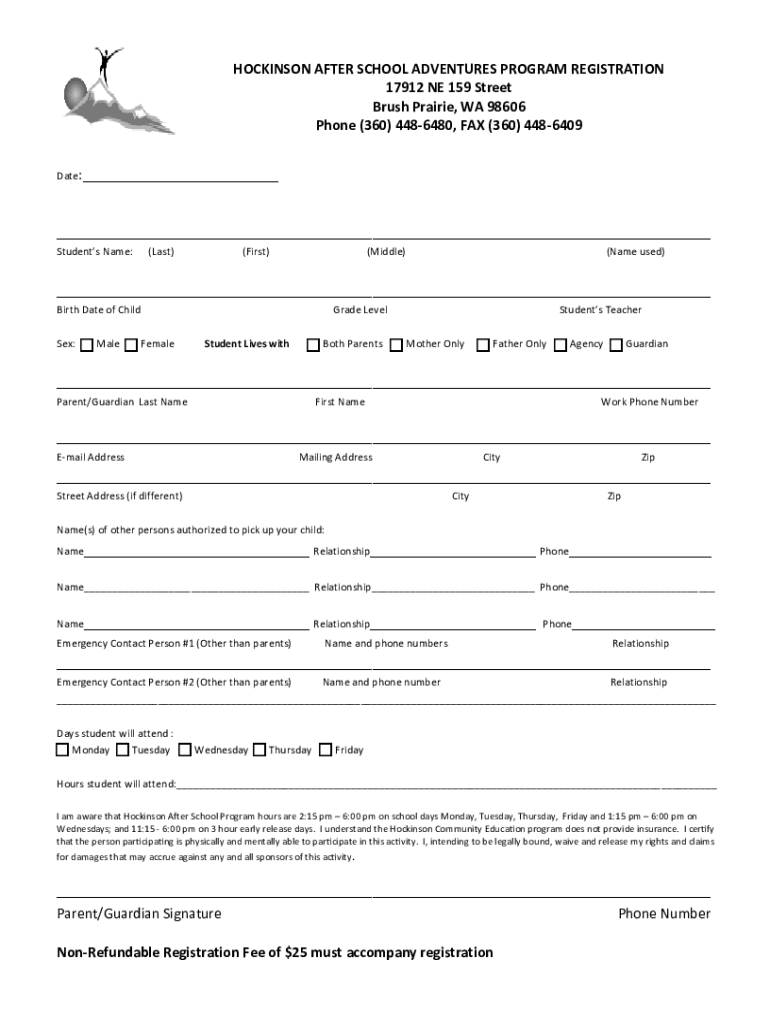 Fillable Online CURRENT CLASS OFFERINGS Hockinson School District Fax