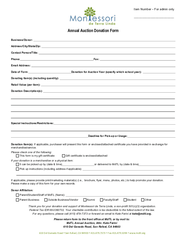 Fillable Online auction donation form Nativity of Our Lord School Fax