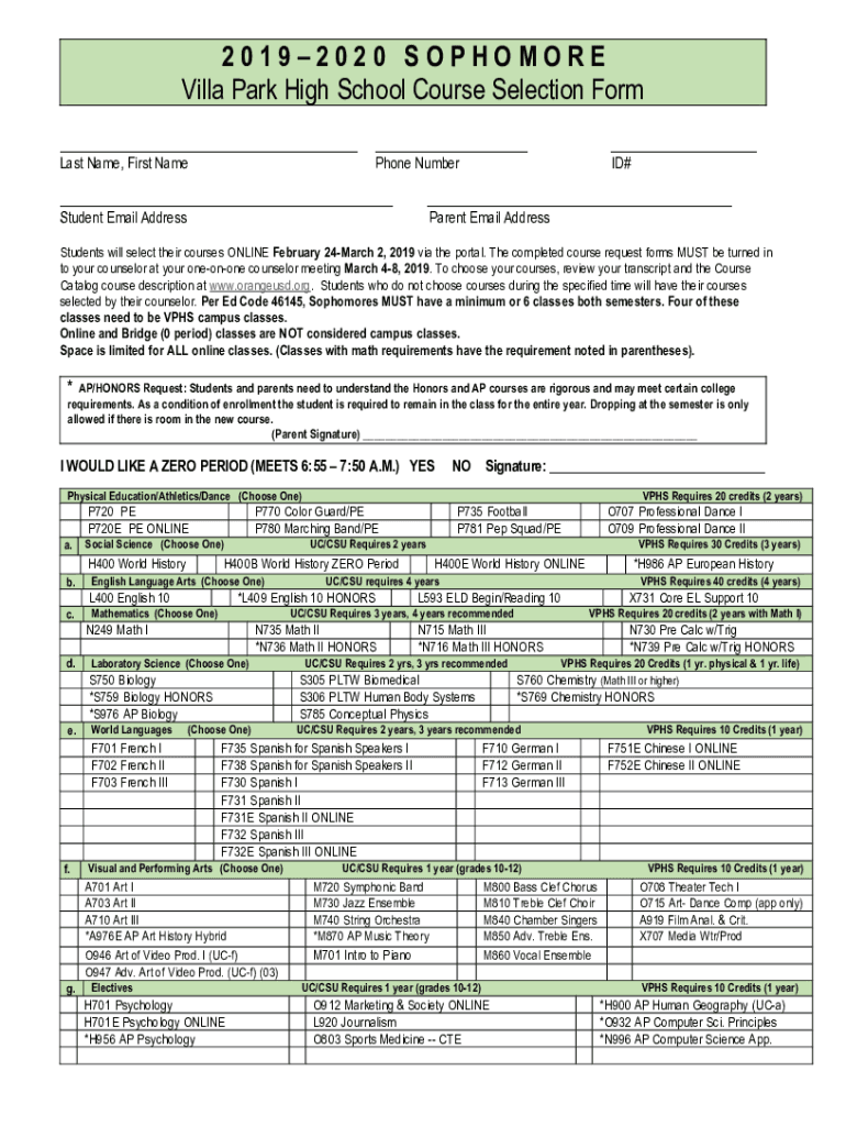 Fillable Online PDF 2 0 2 0 SOPHOMORE Villa Park High School Course