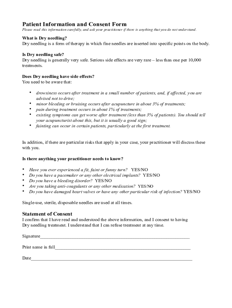 Fillable Online Dry Needling Patient Consent Form June 16 Fax Email ...