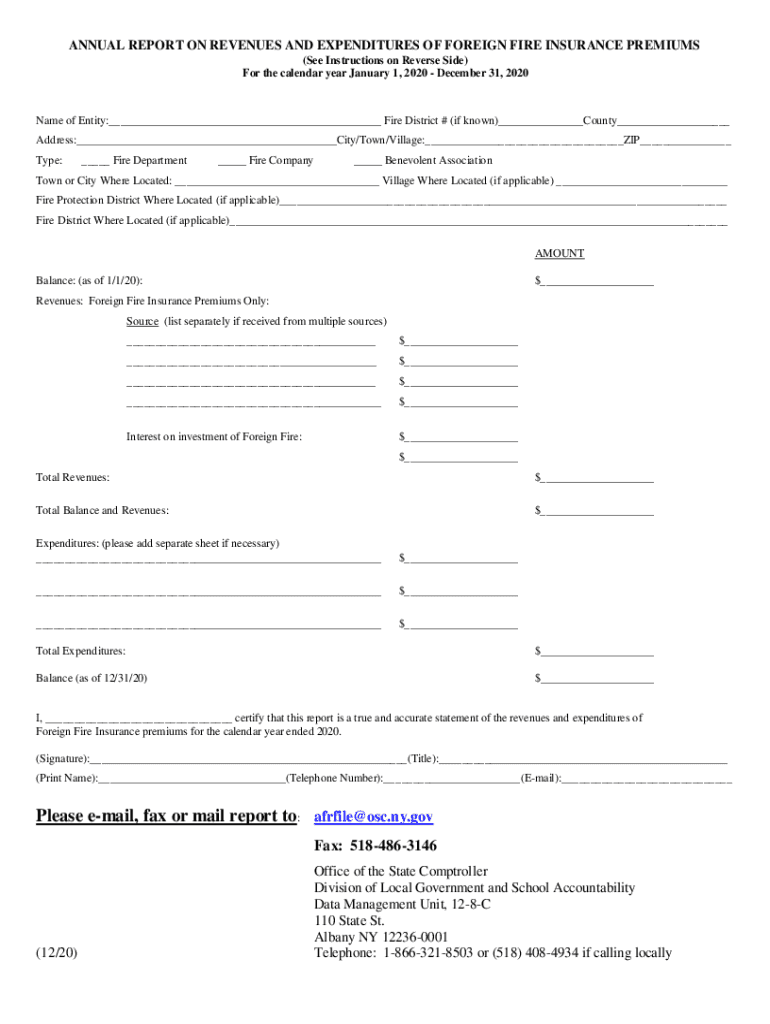 Annual Report on Revenues and Expenditures of Foreign Fire Insurance Premiums. Fire companies, fire departments and benevolent associations which receive and use foreign fire insurance tax proceeds (commonly referred to as "two percent tax m Preview on Page 1