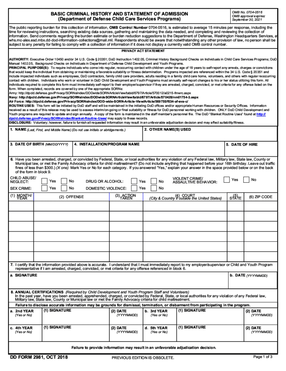 Dd Form 2981, Basic Criminal History And Statement Of