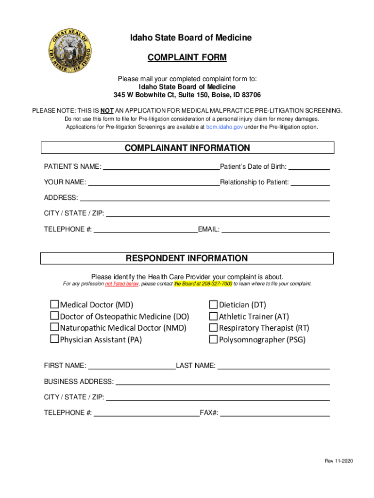 Idaho State Board of Medicine COMPLAINT FORM Preview on Page 1