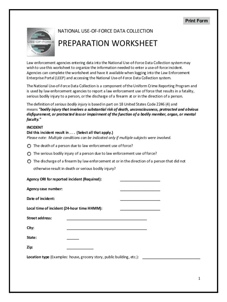 Fillable Online NATIONAL USE-OF-FORCE DATA COLLECTION PREPARATION ...