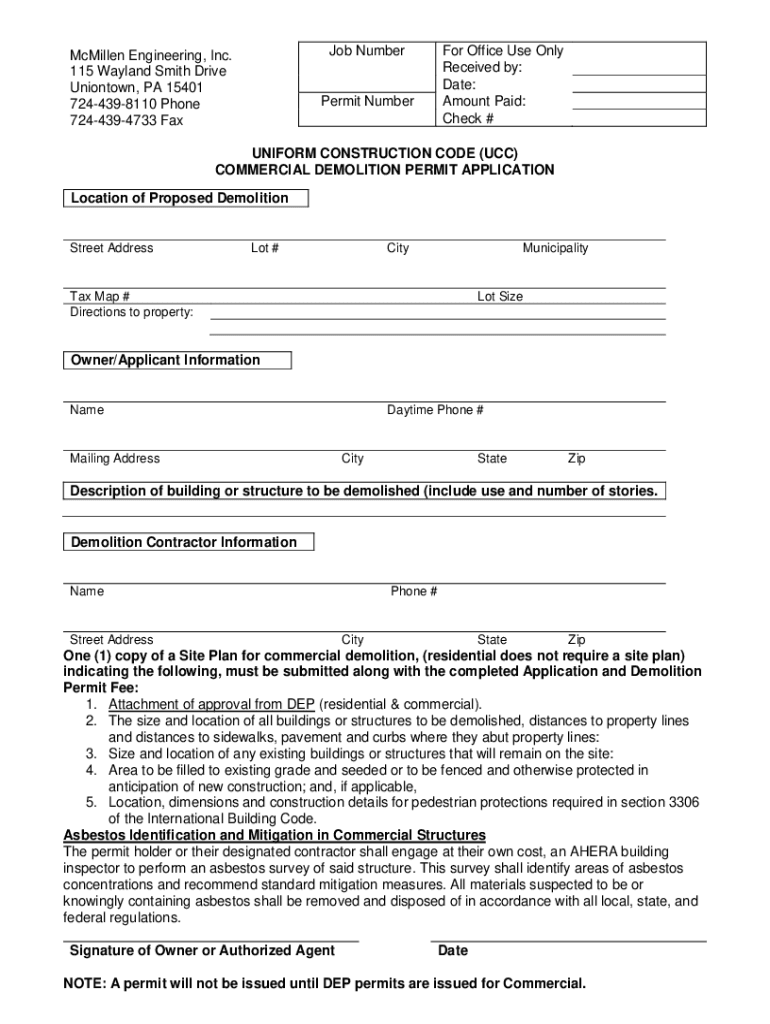 Fillable Online UNIFORM CONSTRUCTION CODE (UCC) DEMOLITION PERMIT
