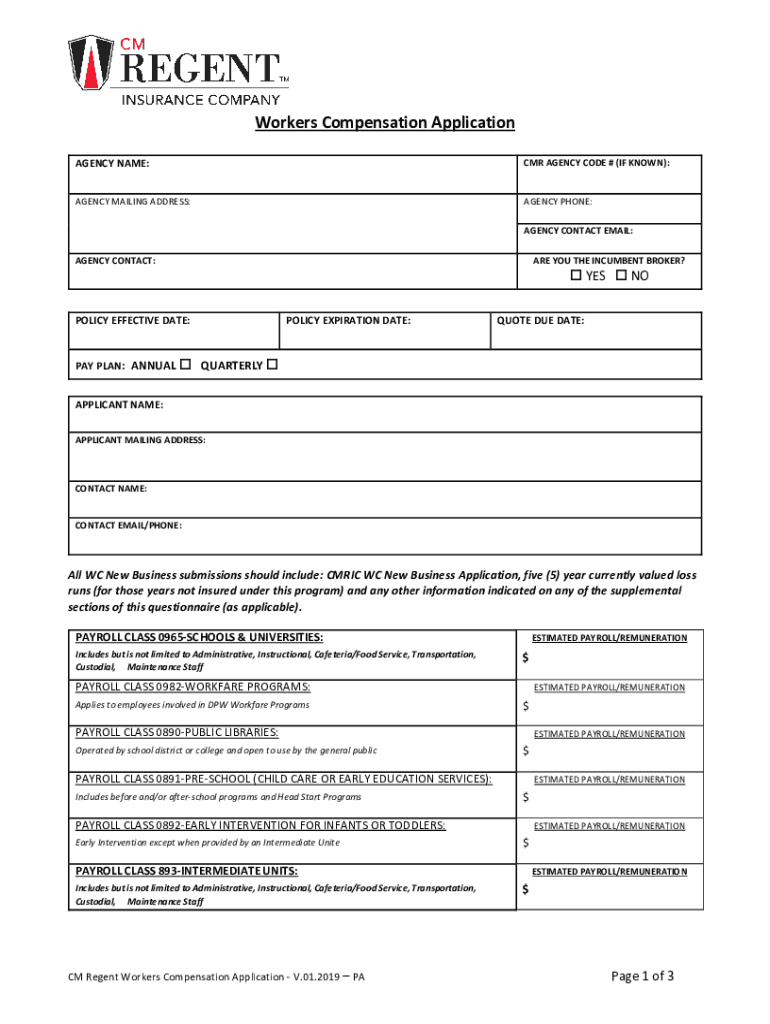 Fillable Online Workers Compensation Application CM Regent Fax Email