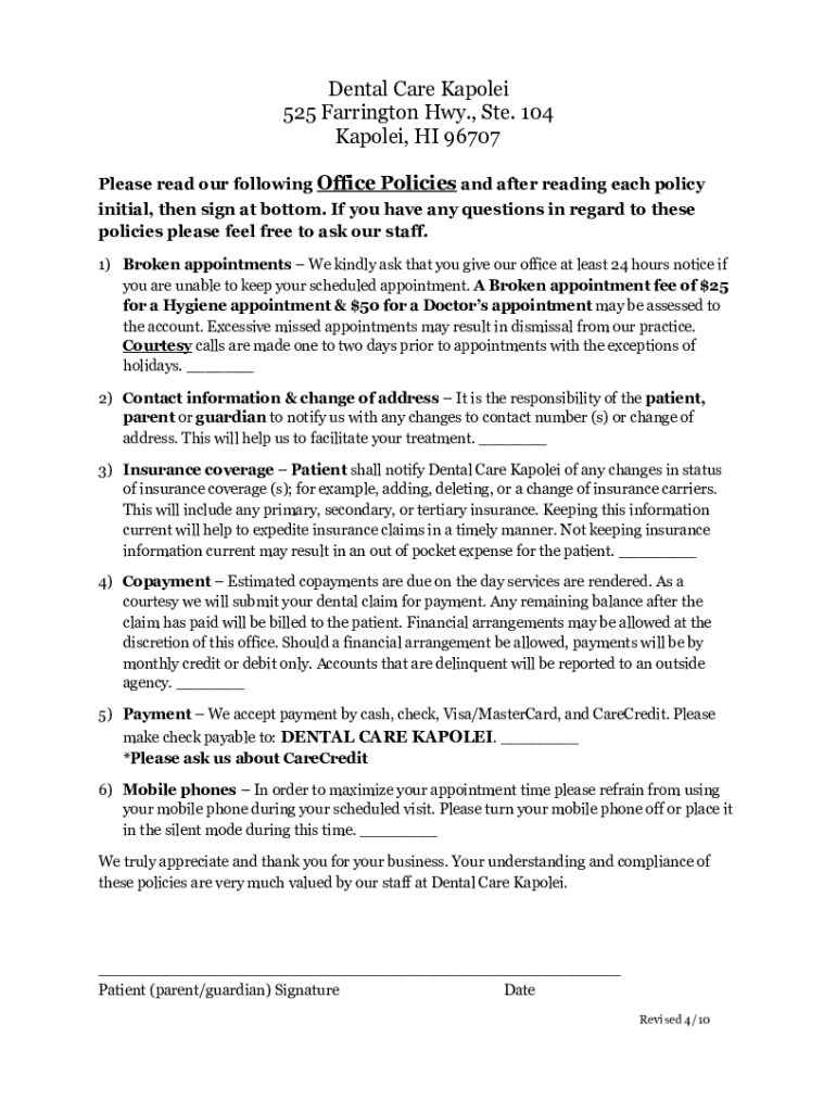 Fillable Online Dental Care Kapolei The Heart of Great Dentistry Fax