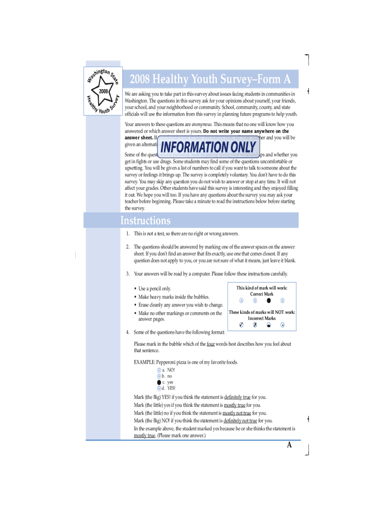 Fillable Online Healthy Youth Survey Form A 2008. Youth survey form Fax ...