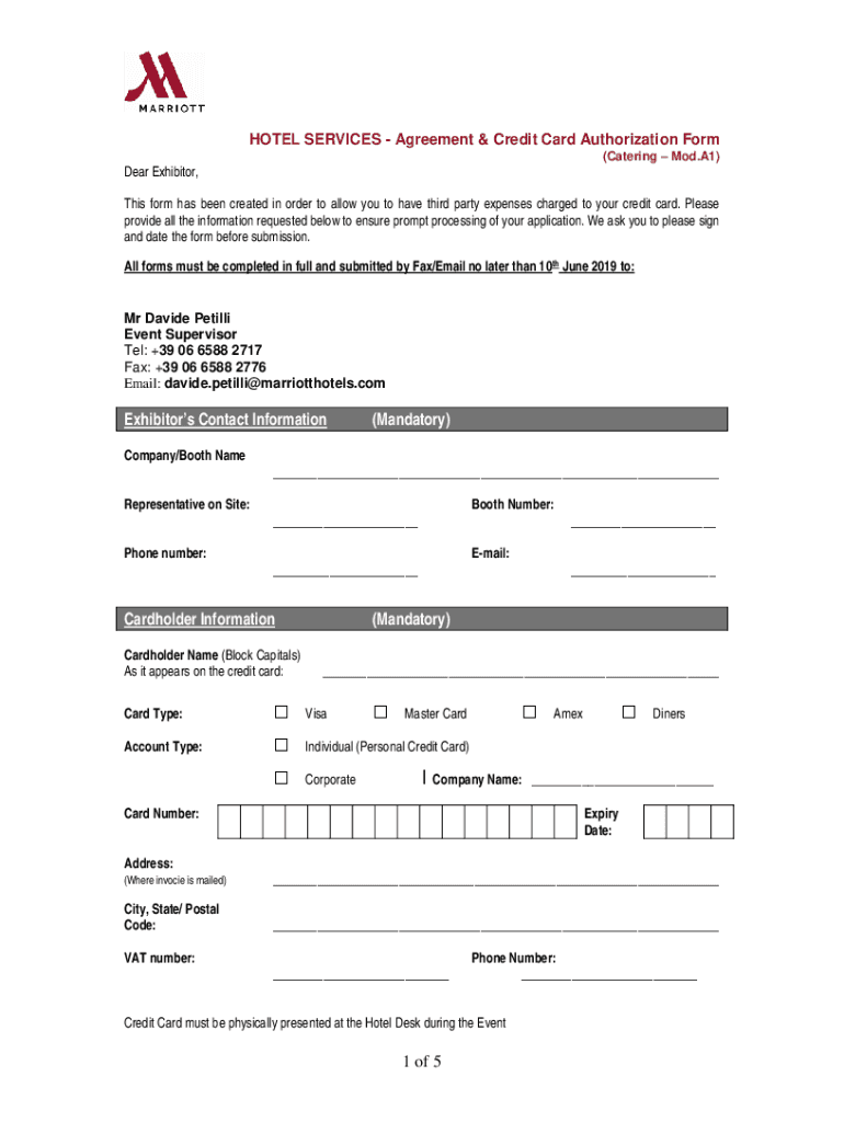 Fillable Online HOTEL SERVICES Agreement & Credit Card Authorization