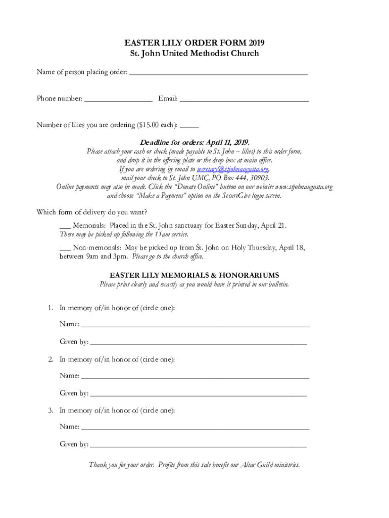Fillable Online EASTER LILY ORDER FORM 2005 St. John United Methodist
