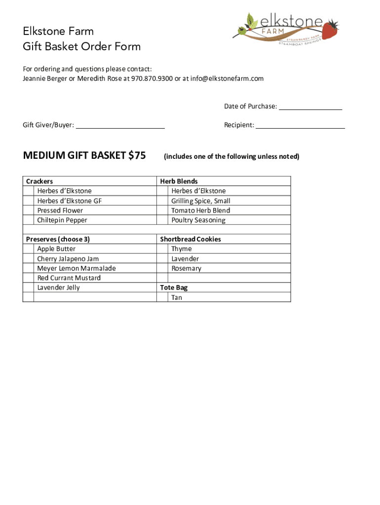 Fillable Online Elkstone Farm Gift Basket Order Form SPA DAY GIFT BASKET Fax Email Print