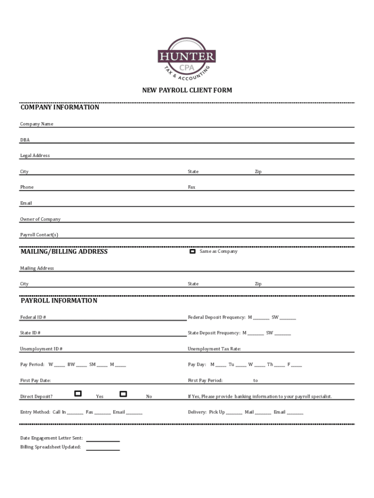 Fillable Online NEW CLIENT DATA SHEET Hunter CPA Group Fax Email