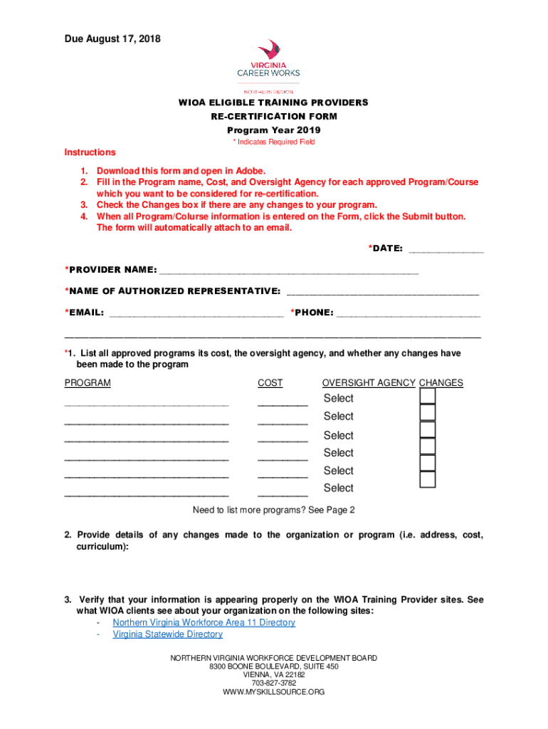 Fillable Online WIOA ELIGIBLE TRAINING PROVIDERS RE-CERTIFICATION FORM