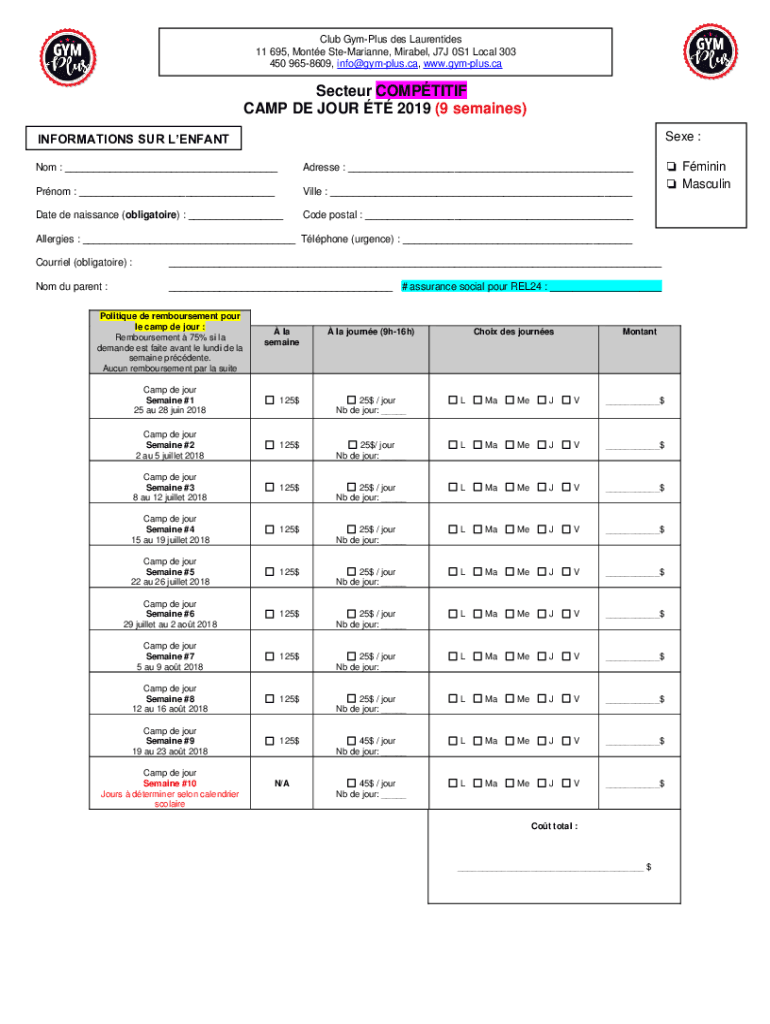 Fillable Online Camp de jour StStan, 221 rue Centrale, SaintStanislas