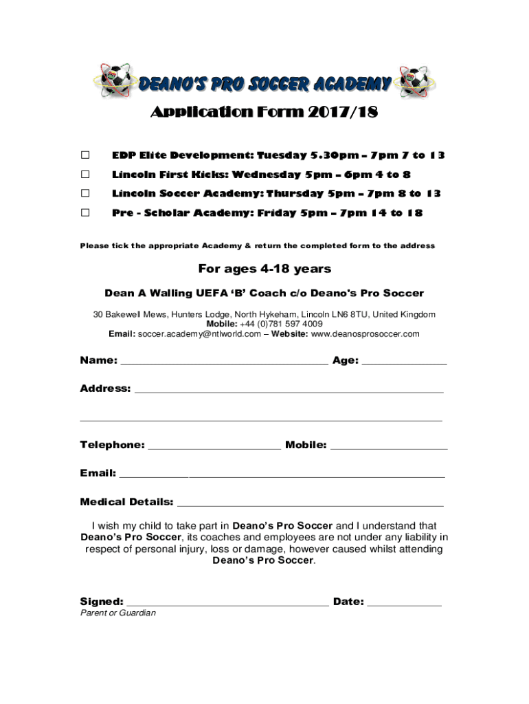 Fillable Online Deanos Pro Soccer Academy Training Kit Fax Email Print