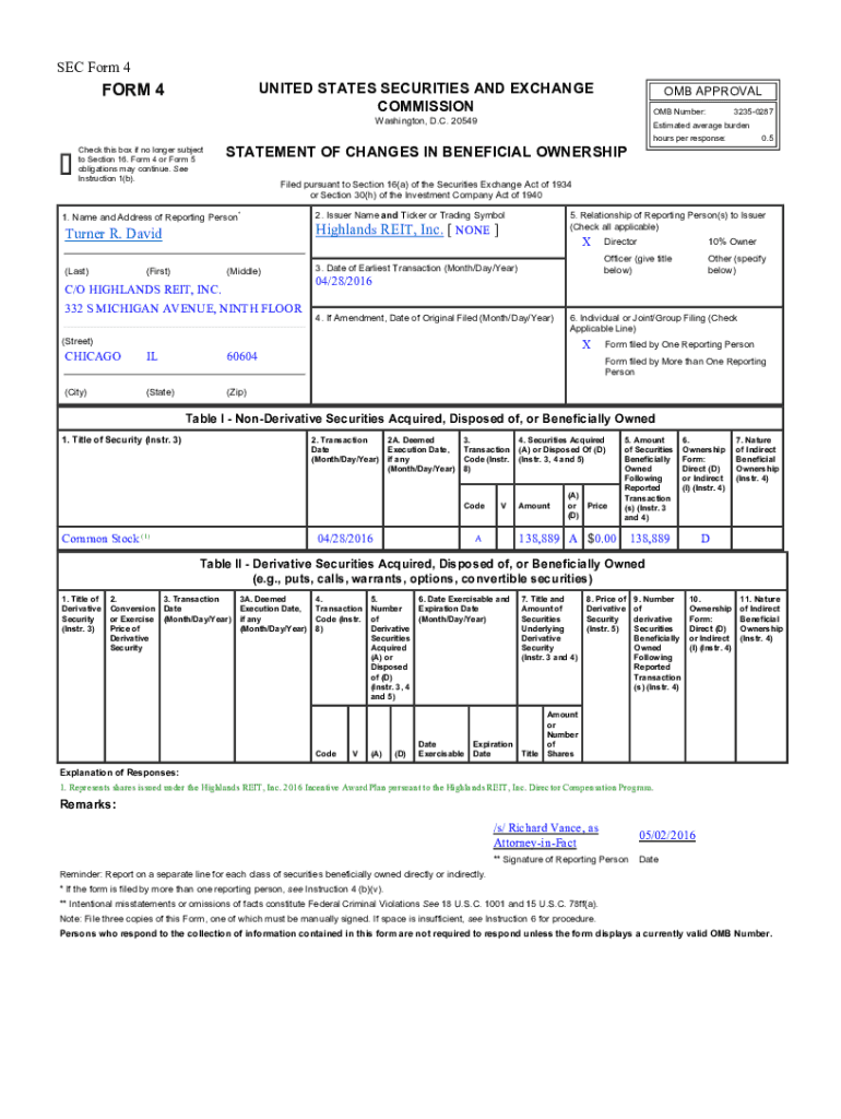 Fillable Online SEC Form 4 FORM 4 UNITED STATES Highlands REIT