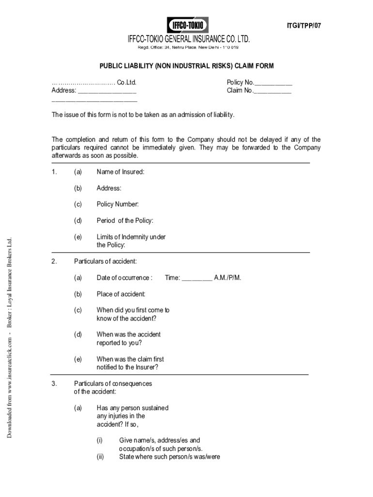 Fillable Online Download iffcotokio PublicLiability(NonIndustrial
