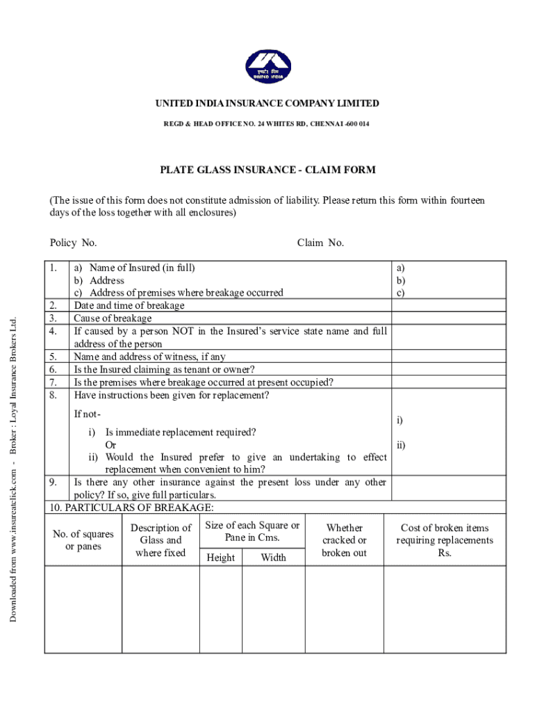 Fillable Online Download unitedindia PlateGlass claimform. Download