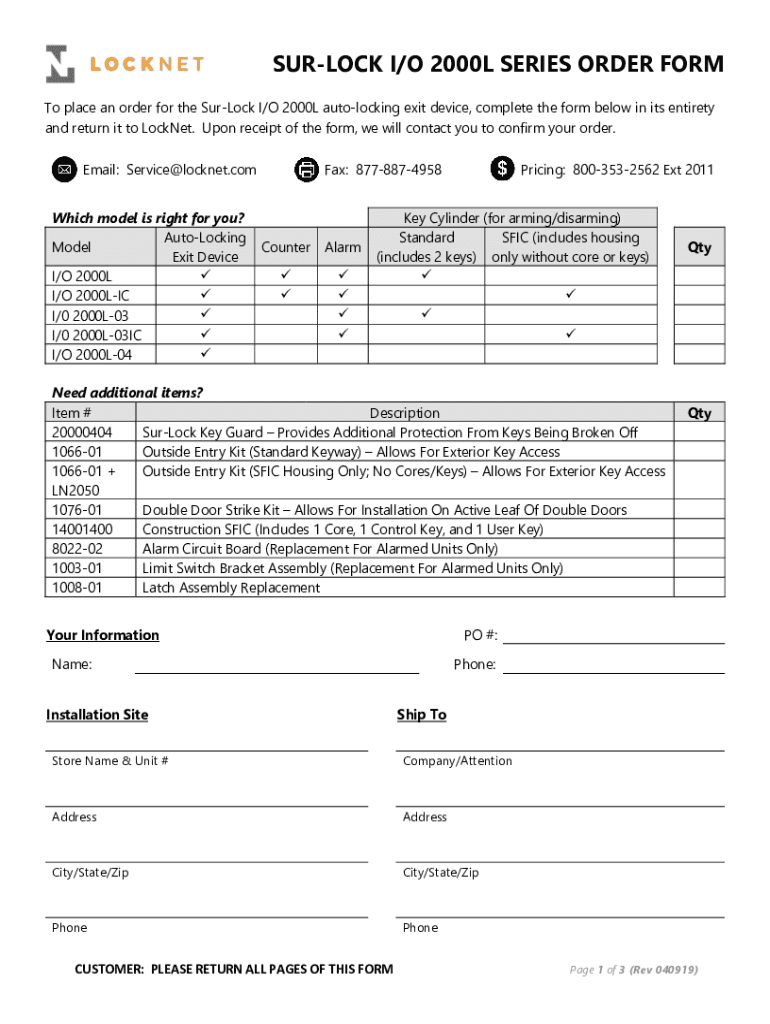 Fillable Online SURLOCK I/O 2000L SERIES ORDER FORM Fax Email Print