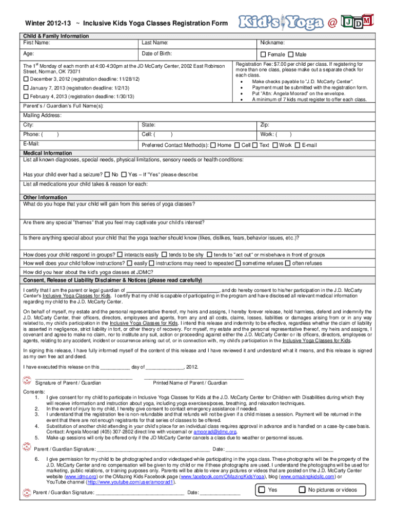 Outpatient Childrens Yoga Group Registration Form Preview on Page 1