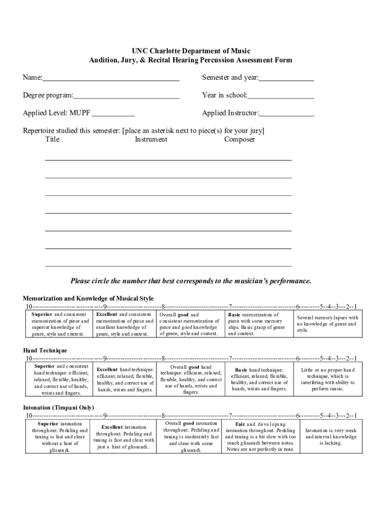 Fillable Online coaa uncc Percussion Assessment Form Fax Email Print