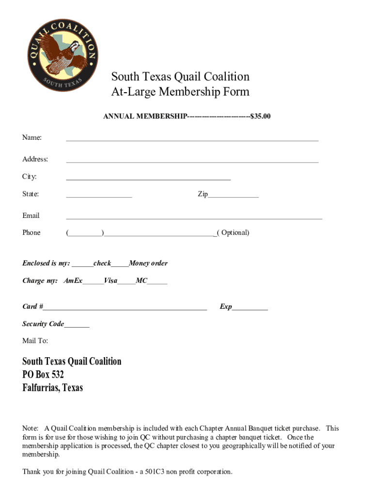Fillable Online South Texas Quail Coalition AtLarge Membership Form