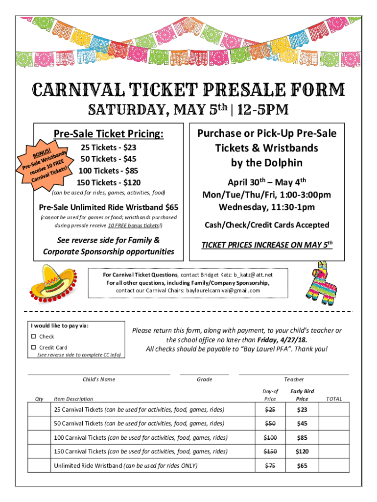 Fillable Online CARNIVAL TICKET PRESALE FORM Fax Email Print