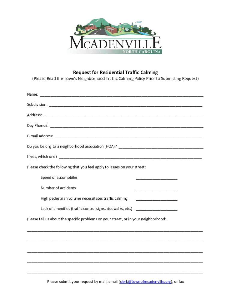 Fillable Online Request for Residential Traffic Calming McAdenville