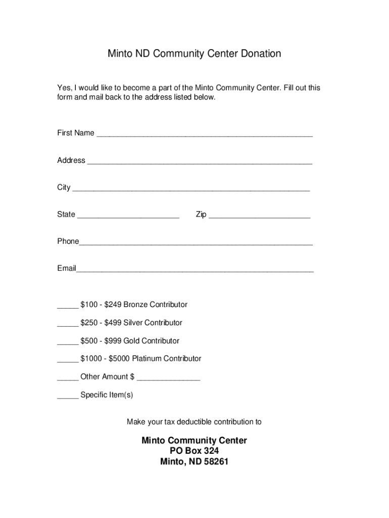 Fillable Online Minto ND Community Center Donation Fax Email Print